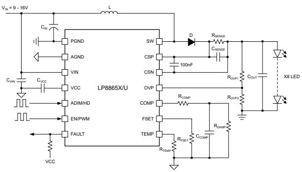 应用电路图 - Texas Instruments LP8865-Q1多拓扑LED驱动器